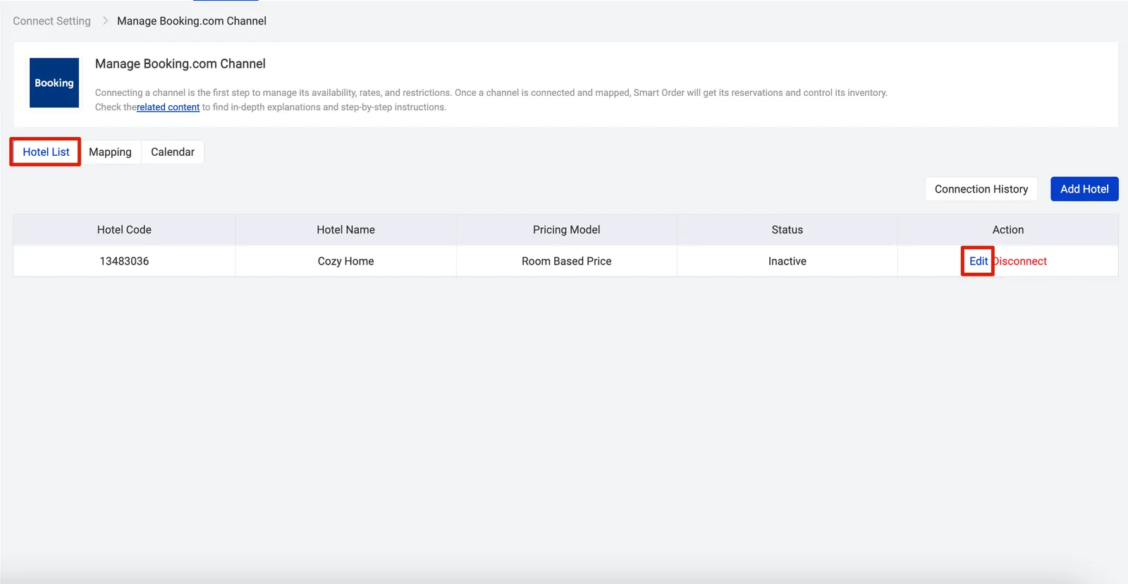 Booking.com connection guide with Smart Order PMS, activate the channel in the PMS