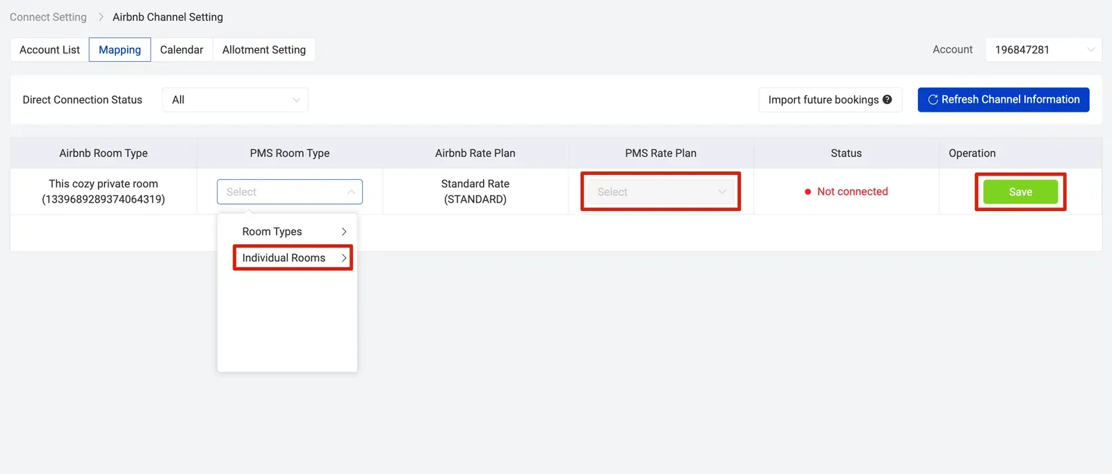 Airbnb connection guide with Smart Order PMS, starting mapping PMS room type and rate plan