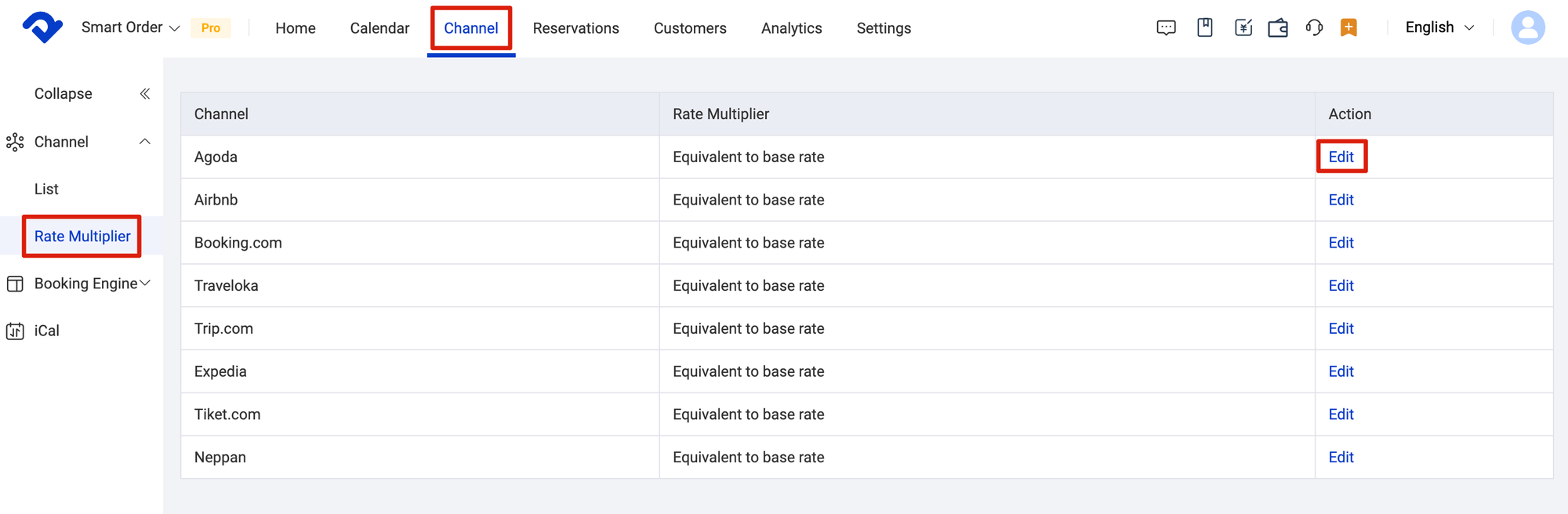 Channel > Rate Multiplier > Click on the channel you want to Edit