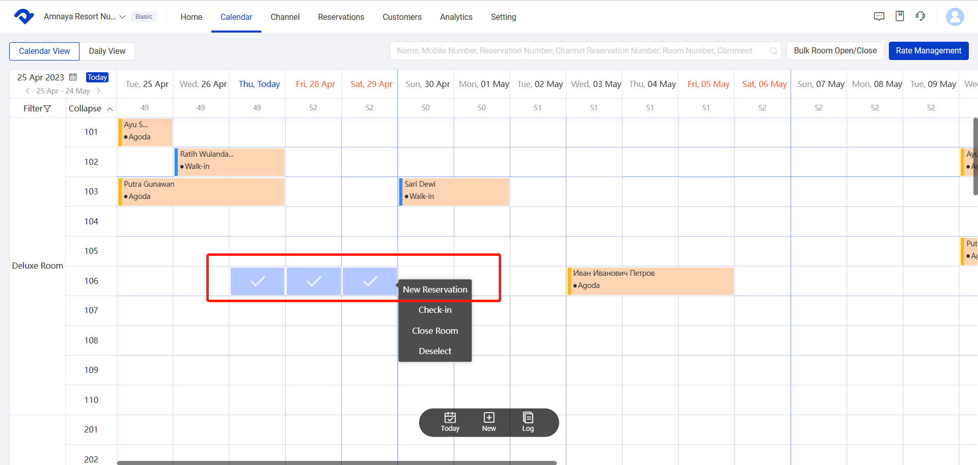 click and drag to the right or left across the days