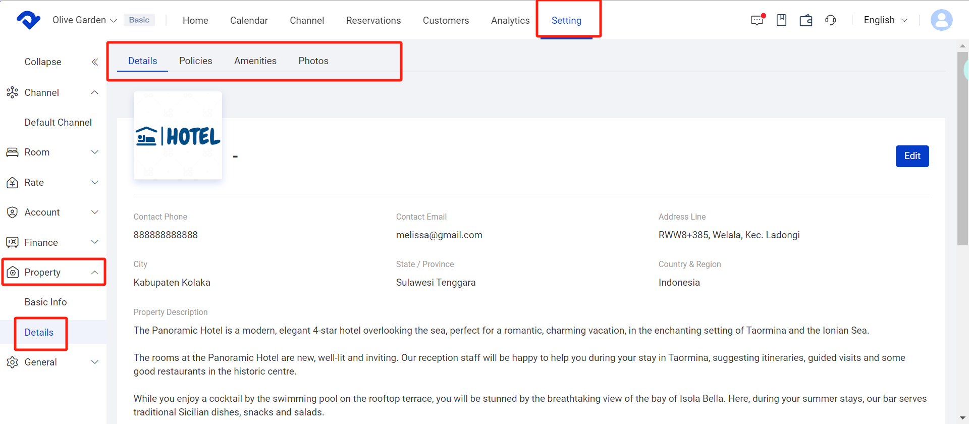 Fill in Booking Engine Property Info including Property Details, Policies, Amenities and Photos