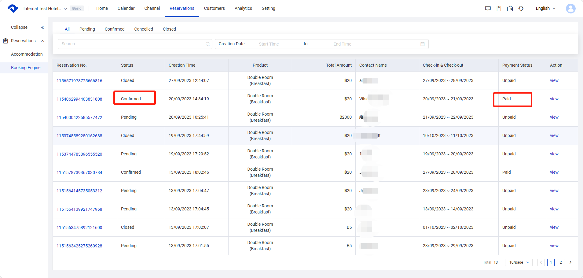 looking for the "Paid" payment status and "Confirmed" reservation status
