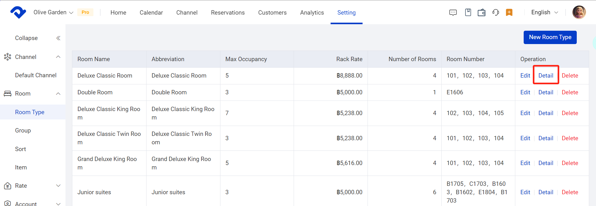 Click Details in the room type list