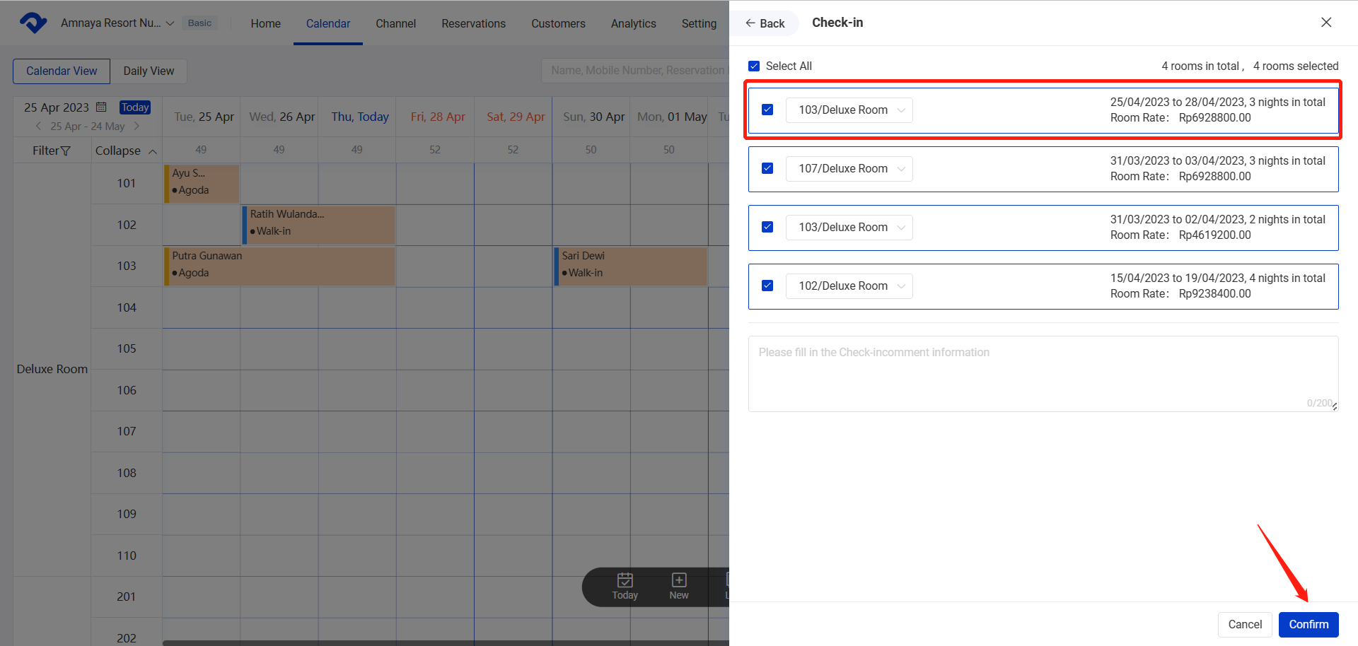 Select the room the guest will be staying in and check-in date and click the confirm