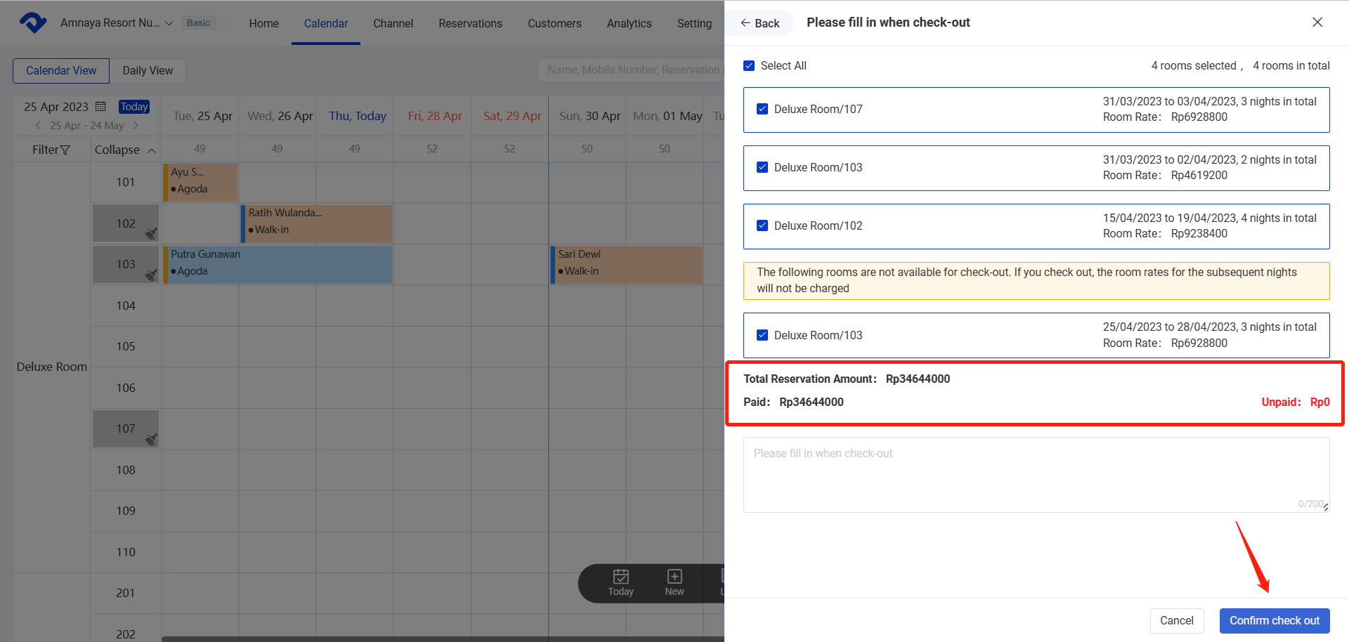 Select the room the guest is leaving and the check-out date and click the confirm check-out