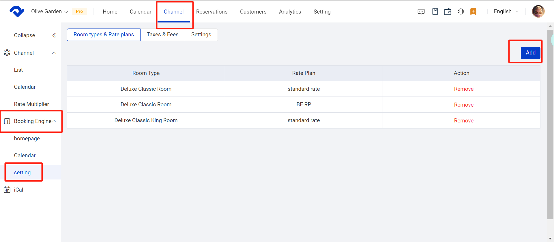 Click Channel on the top, and select Settings under the Booking Engine drop-down