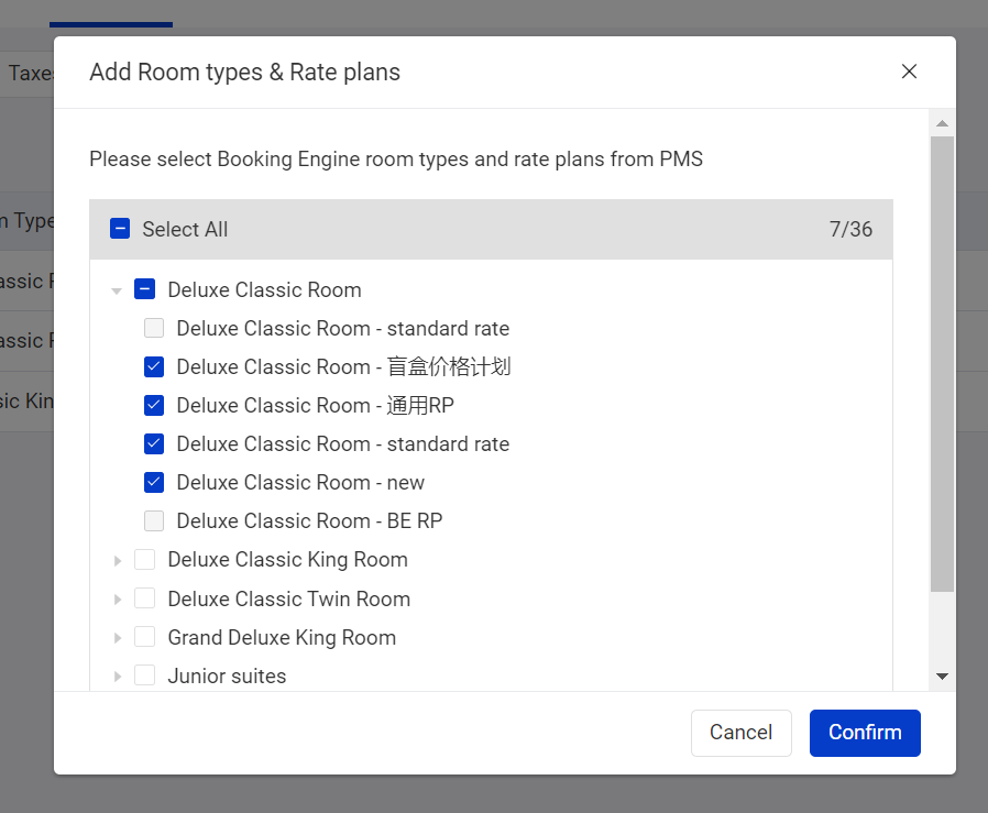 Select Booking Engine room types and rate plans from PMS
