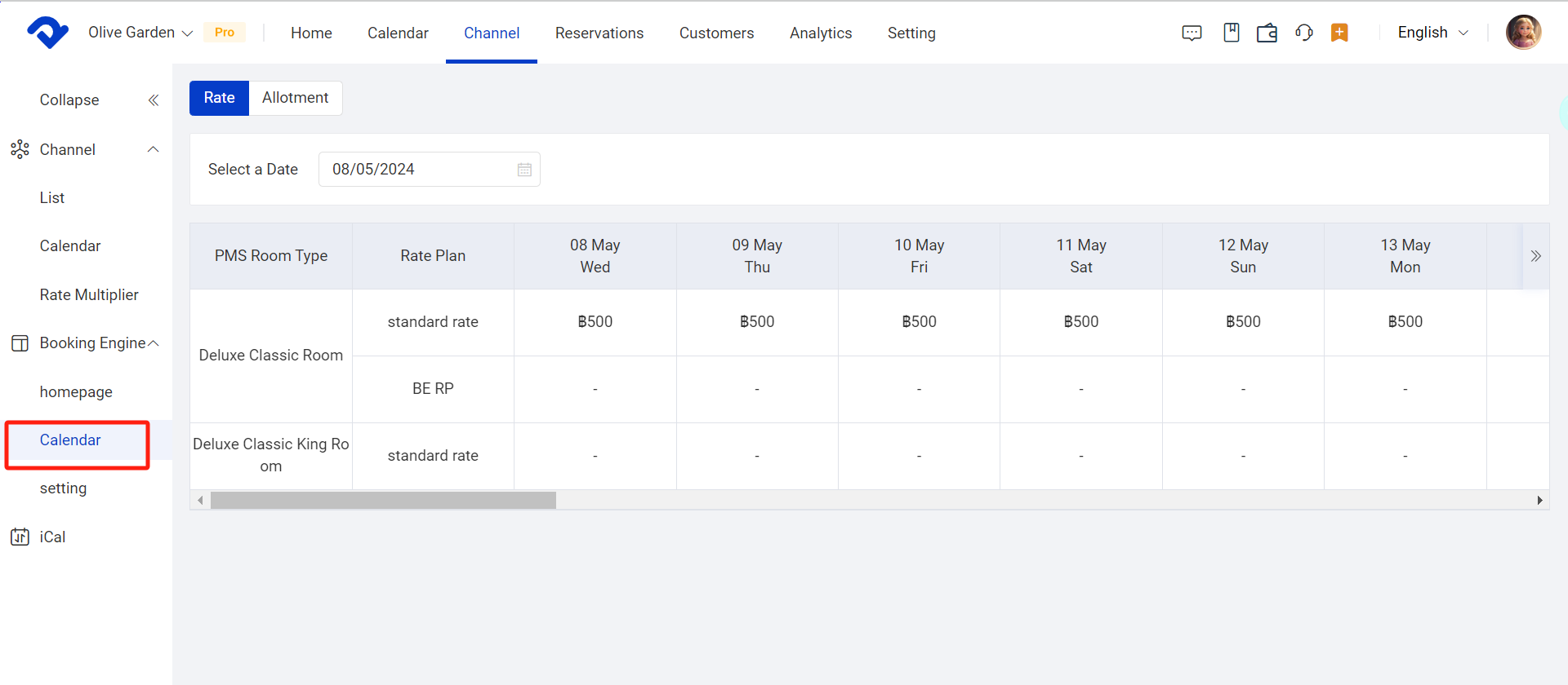 Click the Calendar in the Booking Engine-Calendar drop down