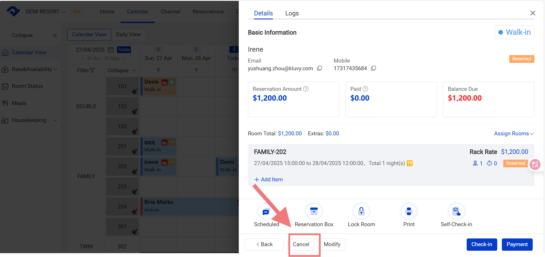 select the room details and cancel the room