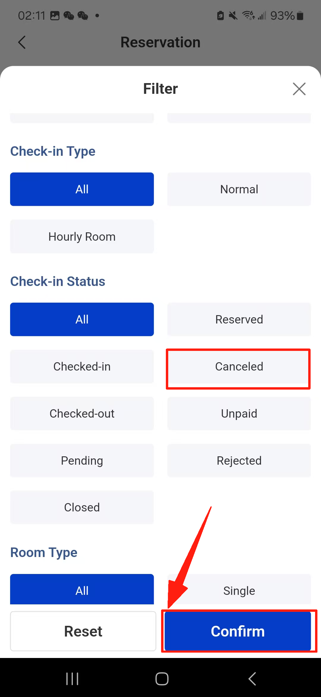 click Canceled in the Check-in Status and then click Confirm.