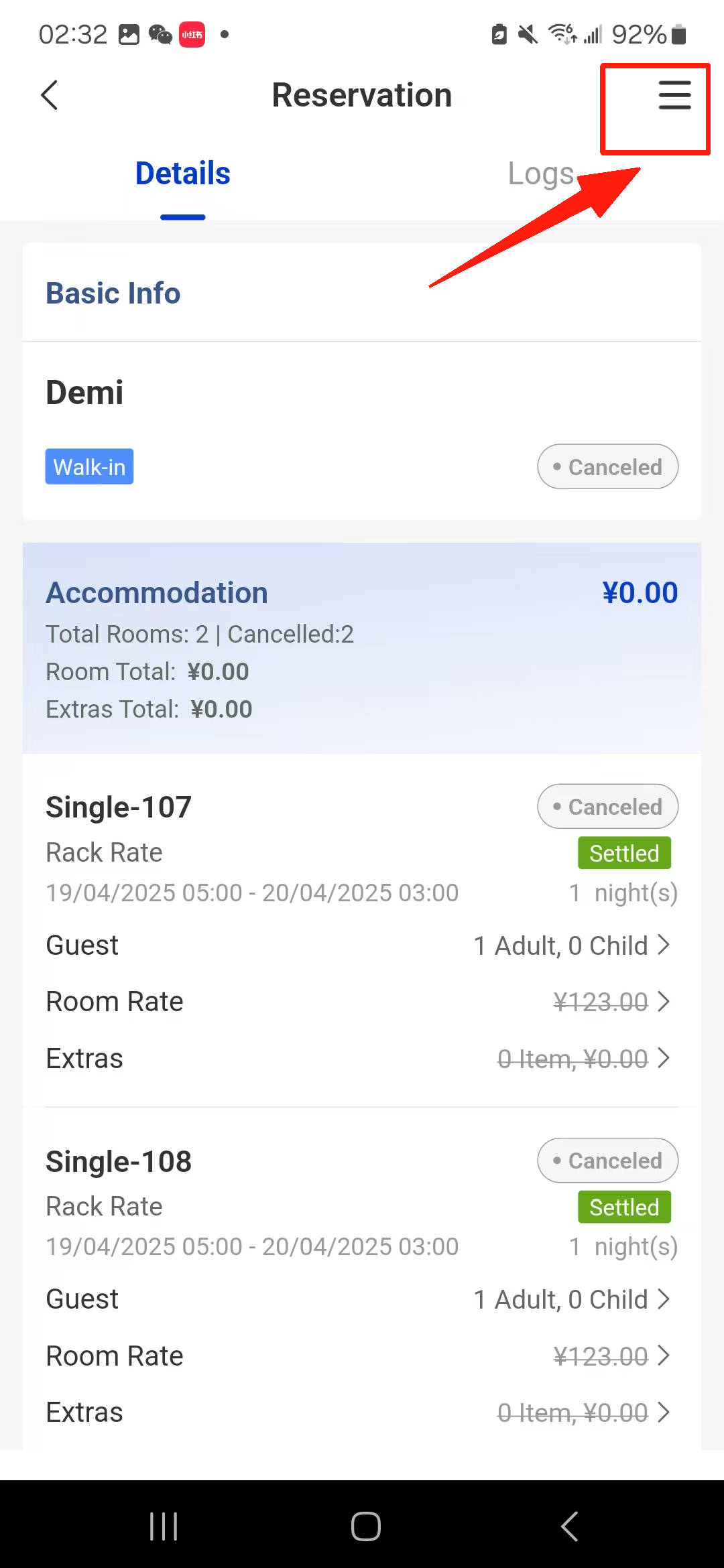 Select the canceled reservation and click the button in the top-right corner