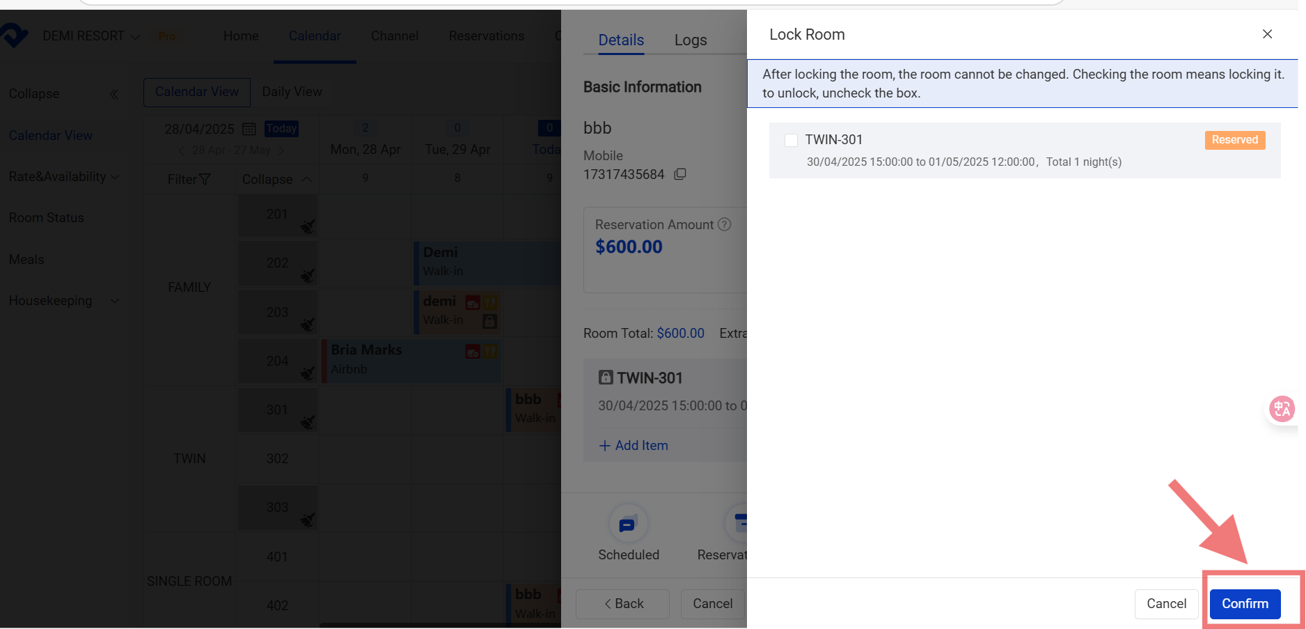 Uncheck the room and select Confirm