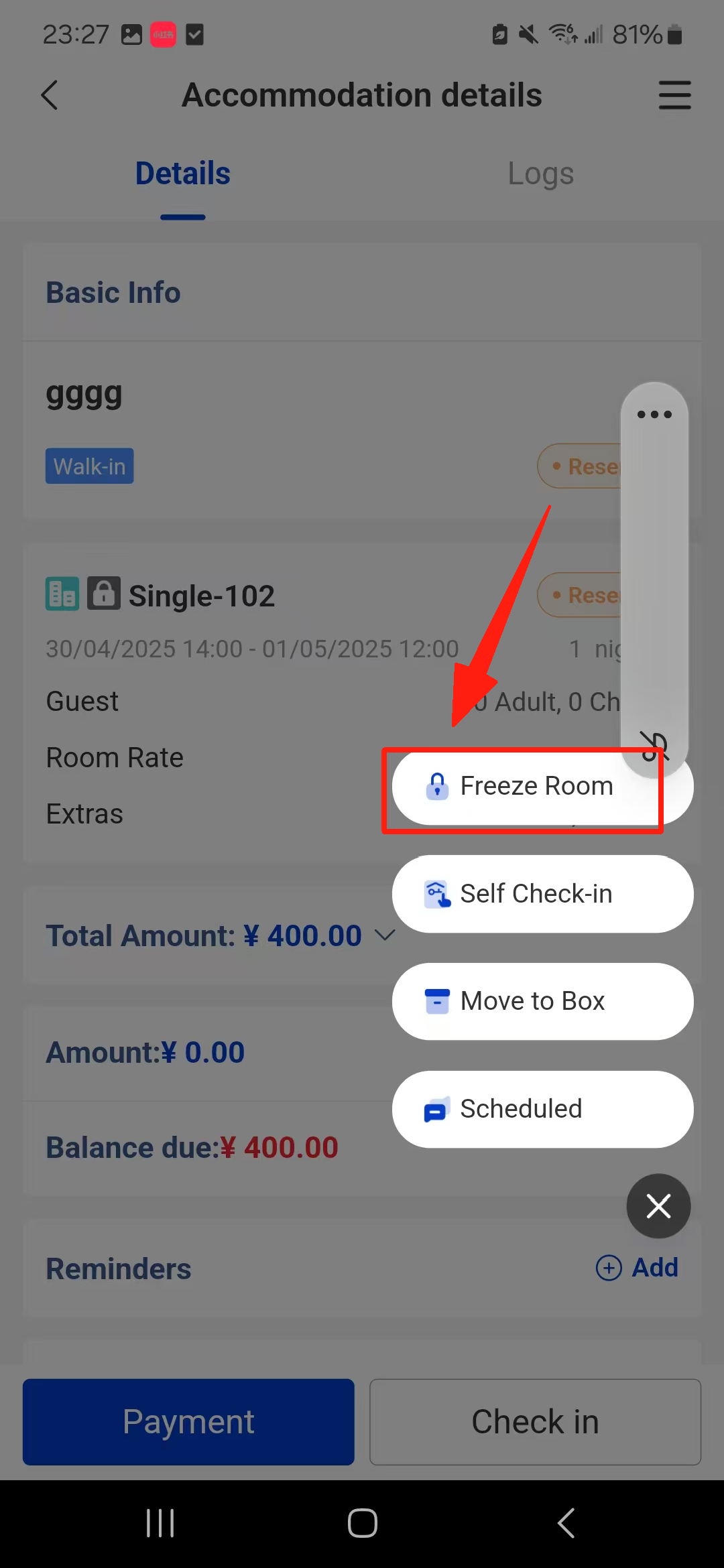 Click Freeze Room and uncheck the room