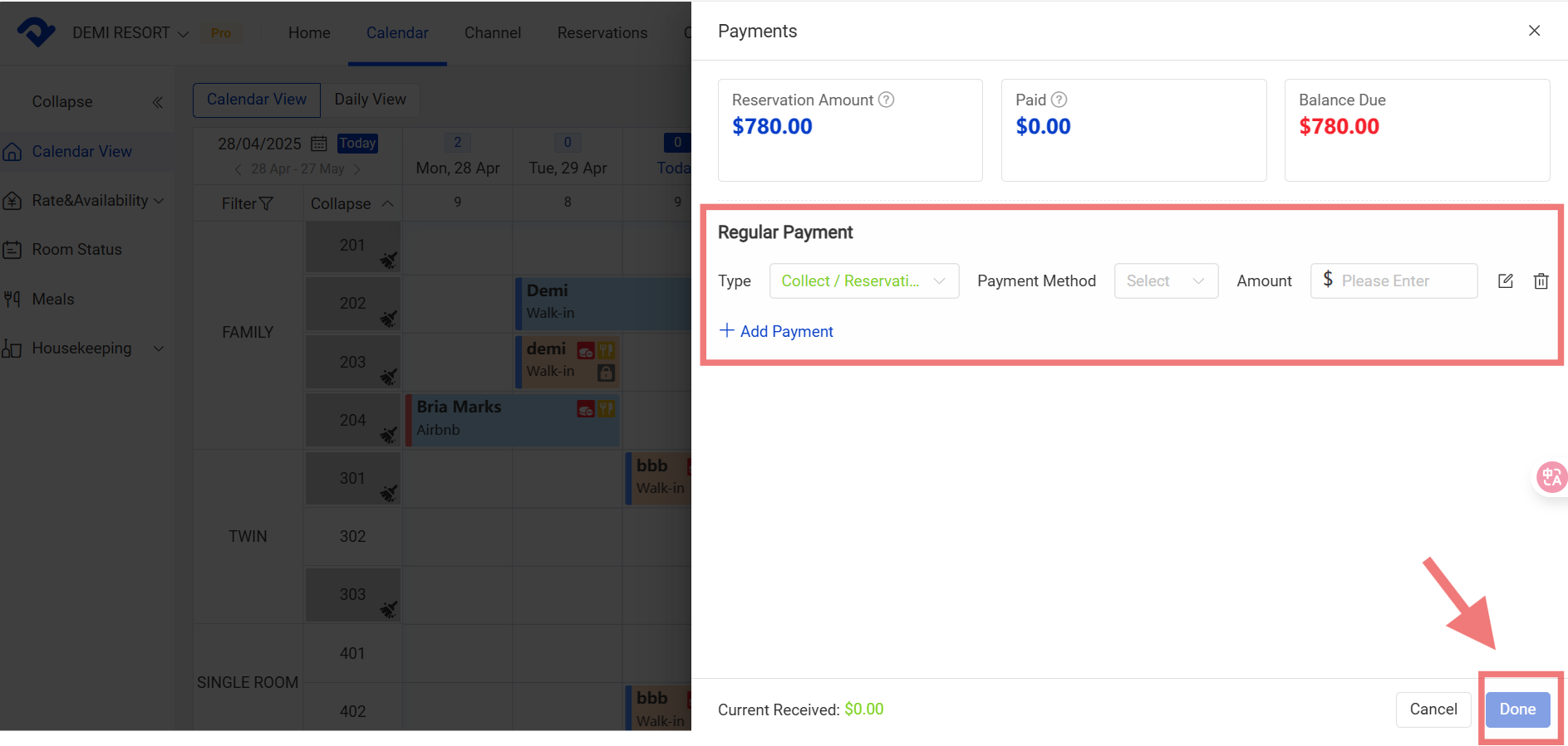 Payments pop-up box