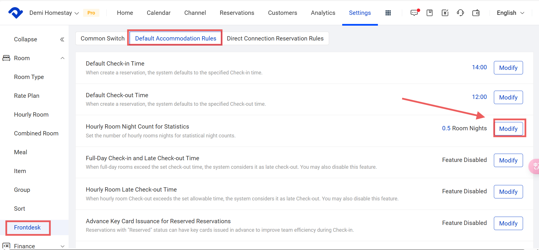 Settings-Room-Frontdesk-Default Accommodation-Hourly Room Night Count for Statistics-Modify