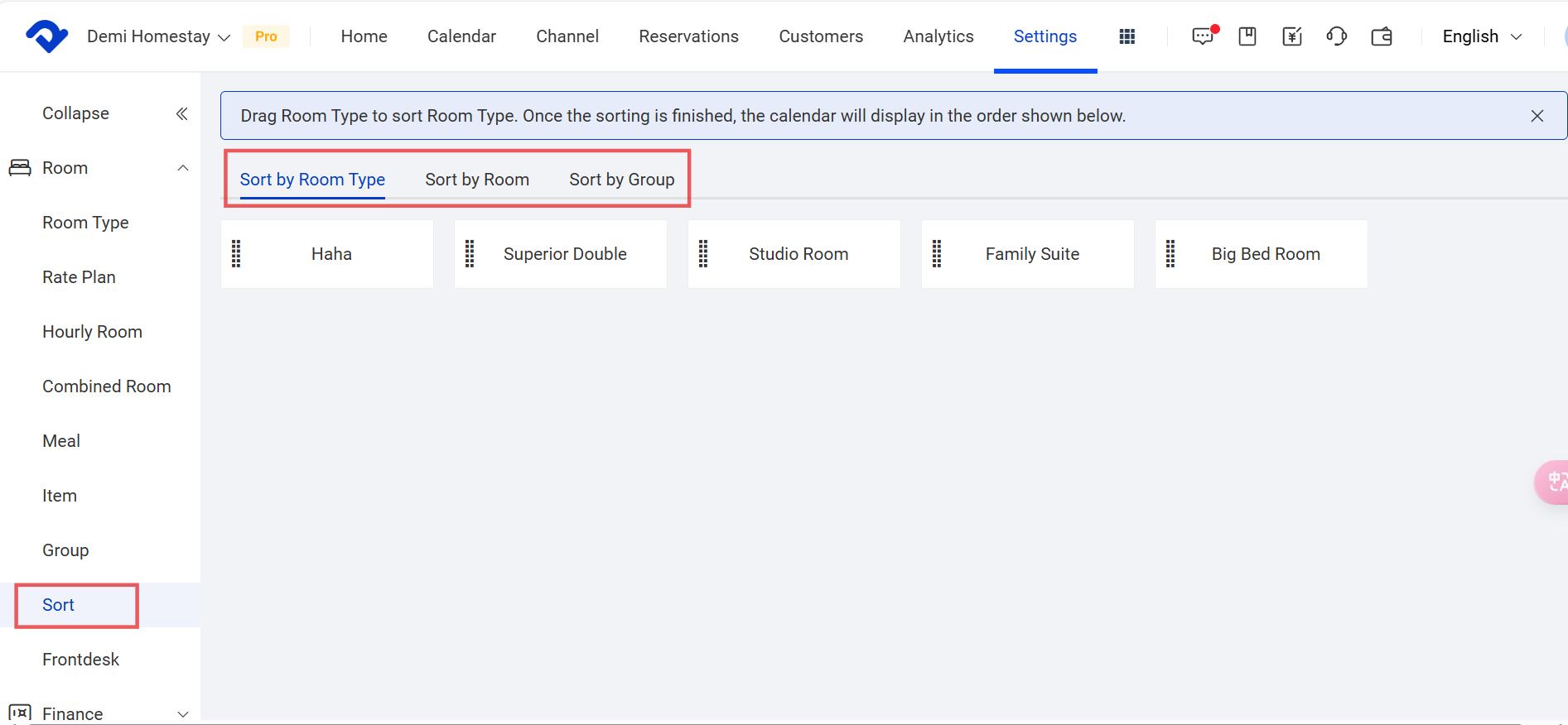 Change the Order of A Room Type or Room: