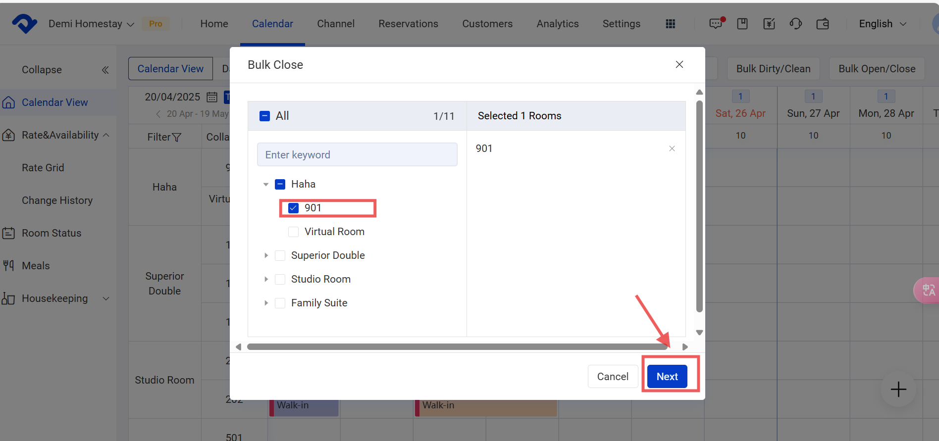 choose room type to bulk close