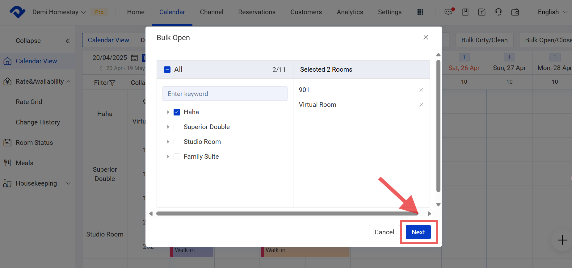 choose room type to bulk open
