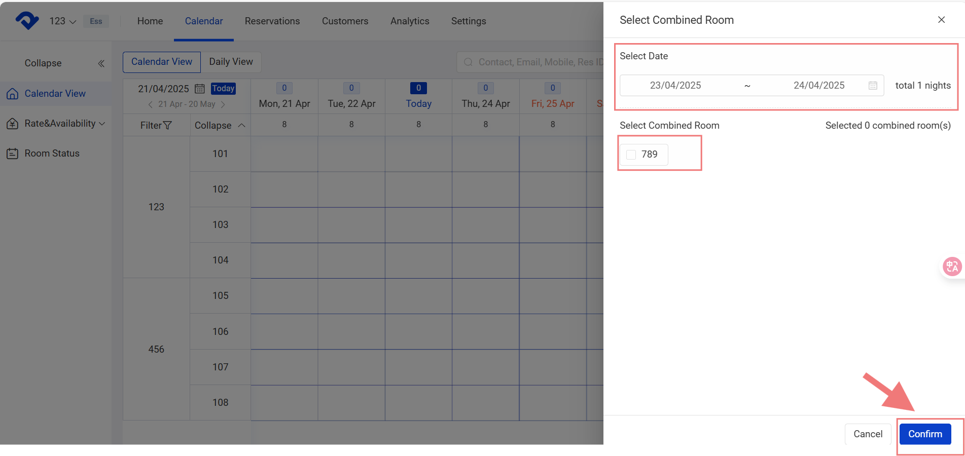 select date and select combined room