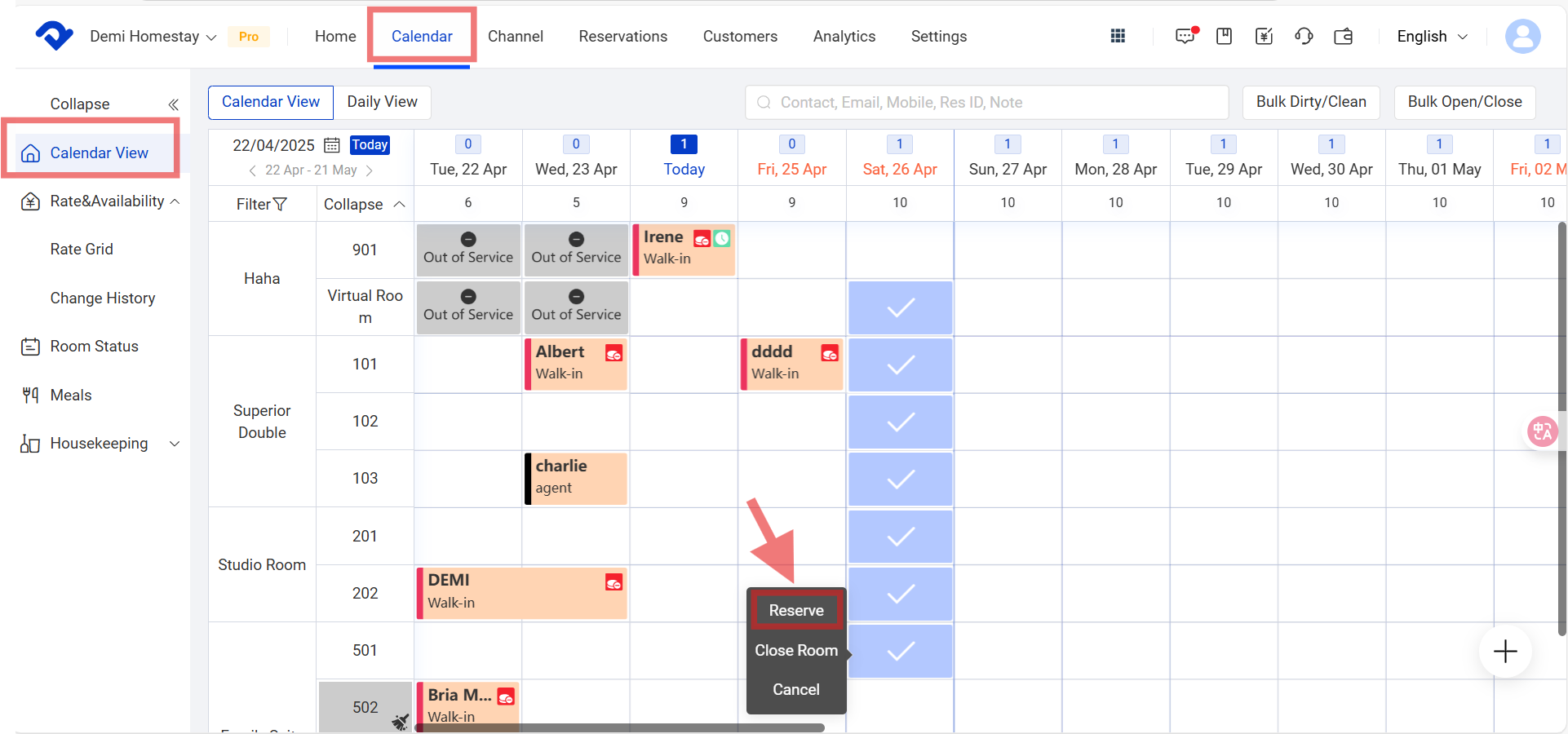 Calendar—Calendar View—select Reserve