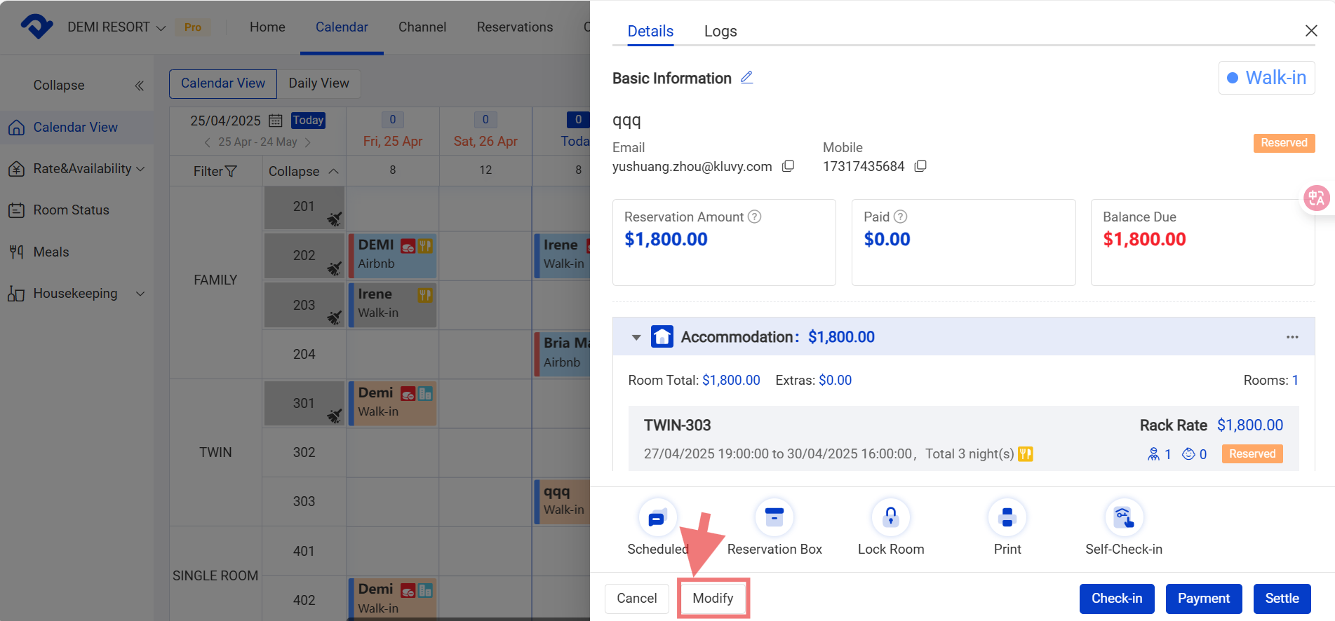 reservation details and select modify