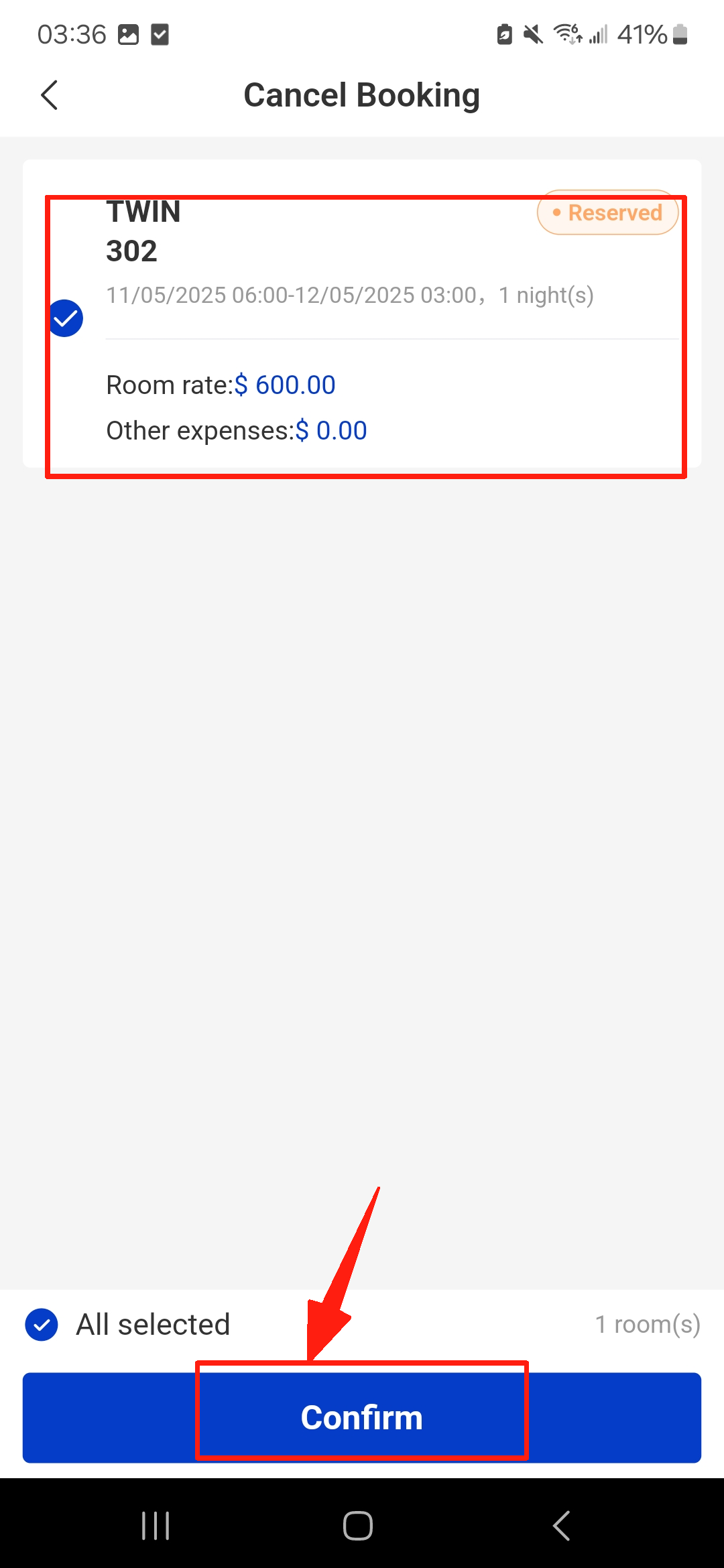 Select the room and click Confirm