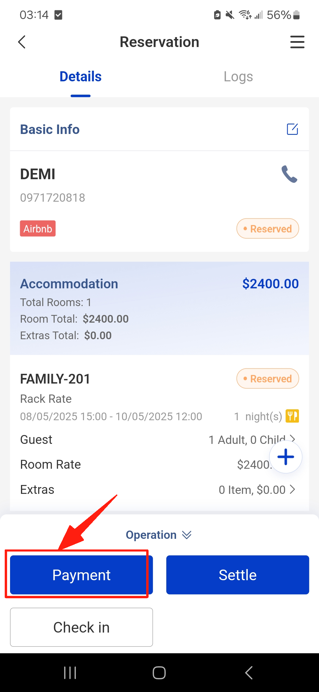 details page and select Payment