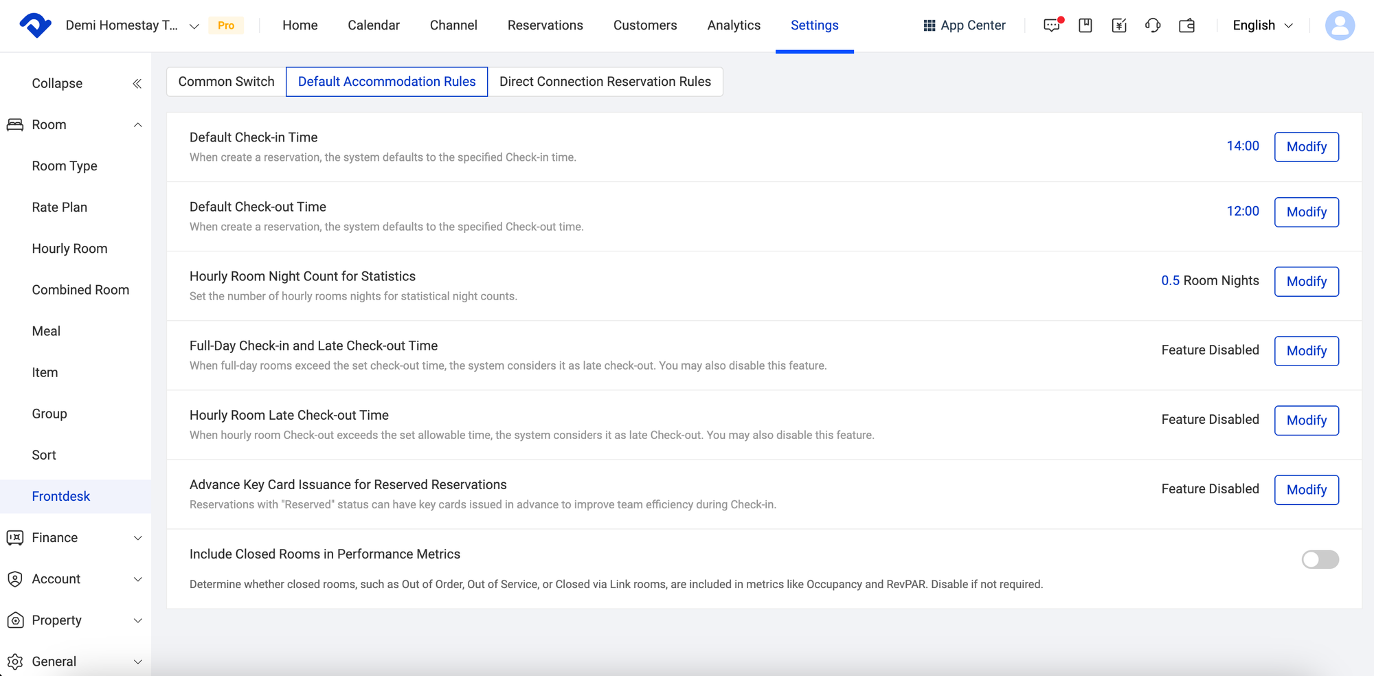 Set Default Accommodation Rules and More Other Settings for Front Desk
