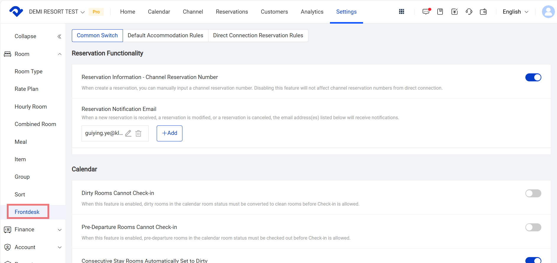 Go to the Settings page, and select Frontdesk under the Room