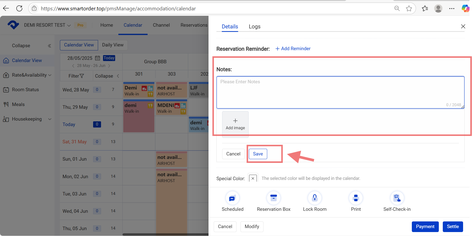 Steps to add notes in a reserved one
