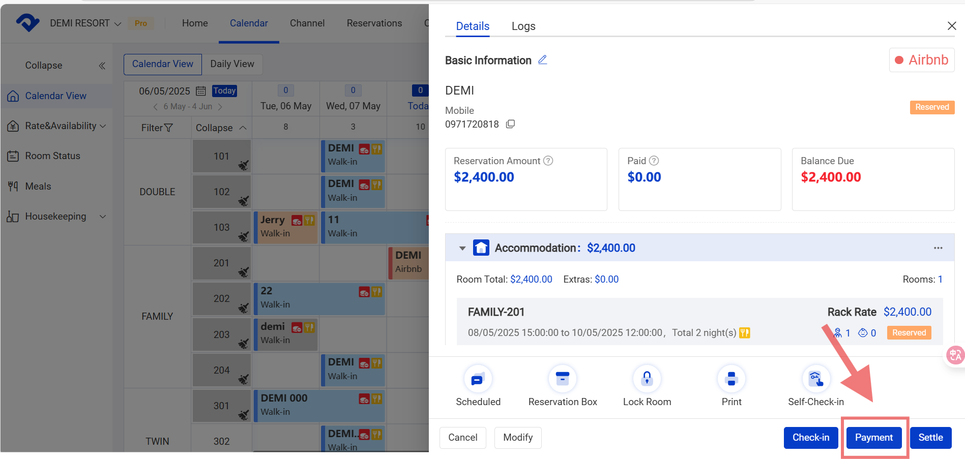reservation details page,click Payment.
