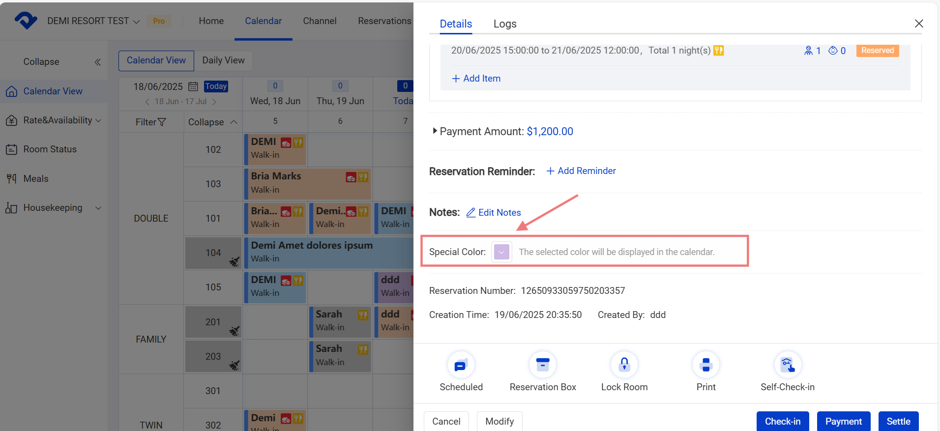 Go to the reservation Details page. Click Special Color