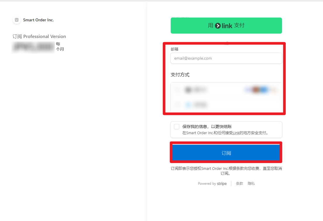 填写有效邮箱,选择支付方式
