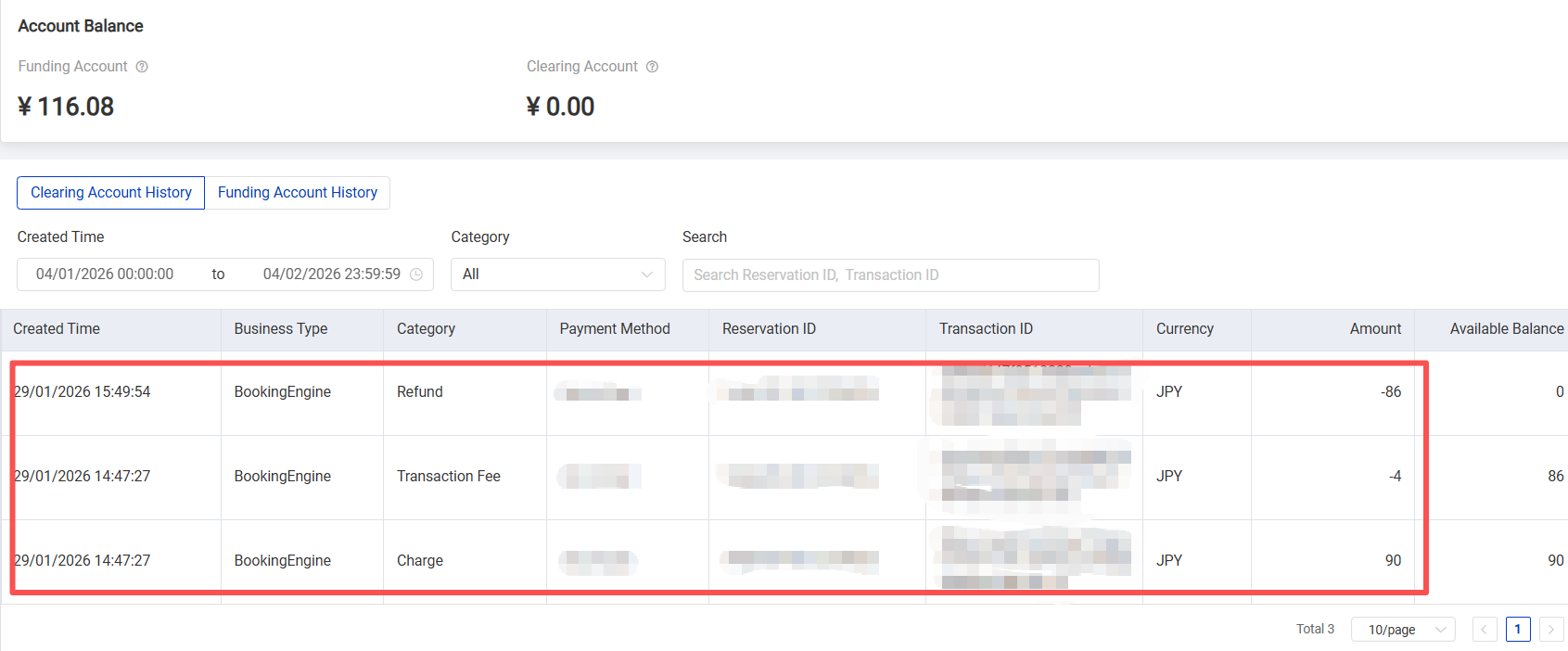 Clearing Account History