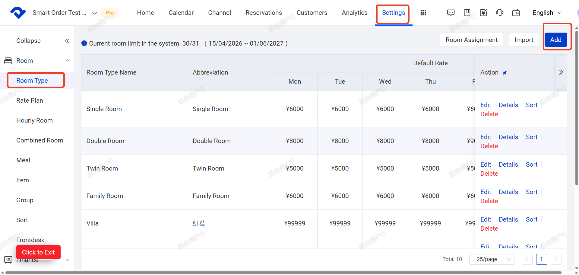 Go to Settings →Room Type → Add 