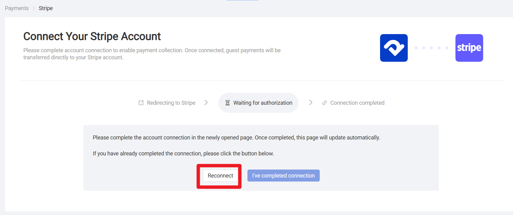 〖Redirecting to Stripe〗→〖Waiting for authorization〗→〖Connection completed〗