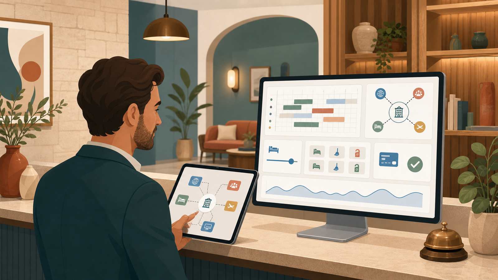 Boutique hotel manager reviewing connected hotel software on desktop and tablet