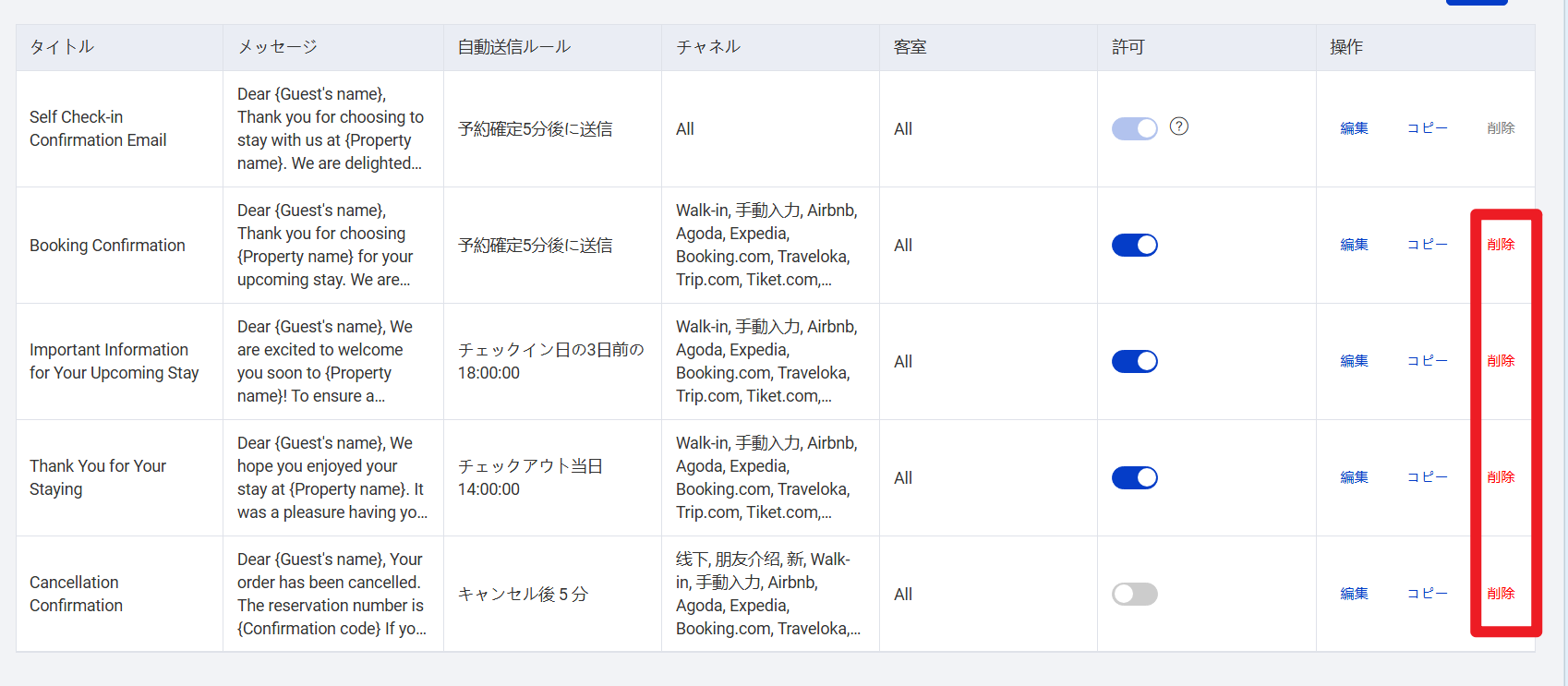 送信テンプレートの削除