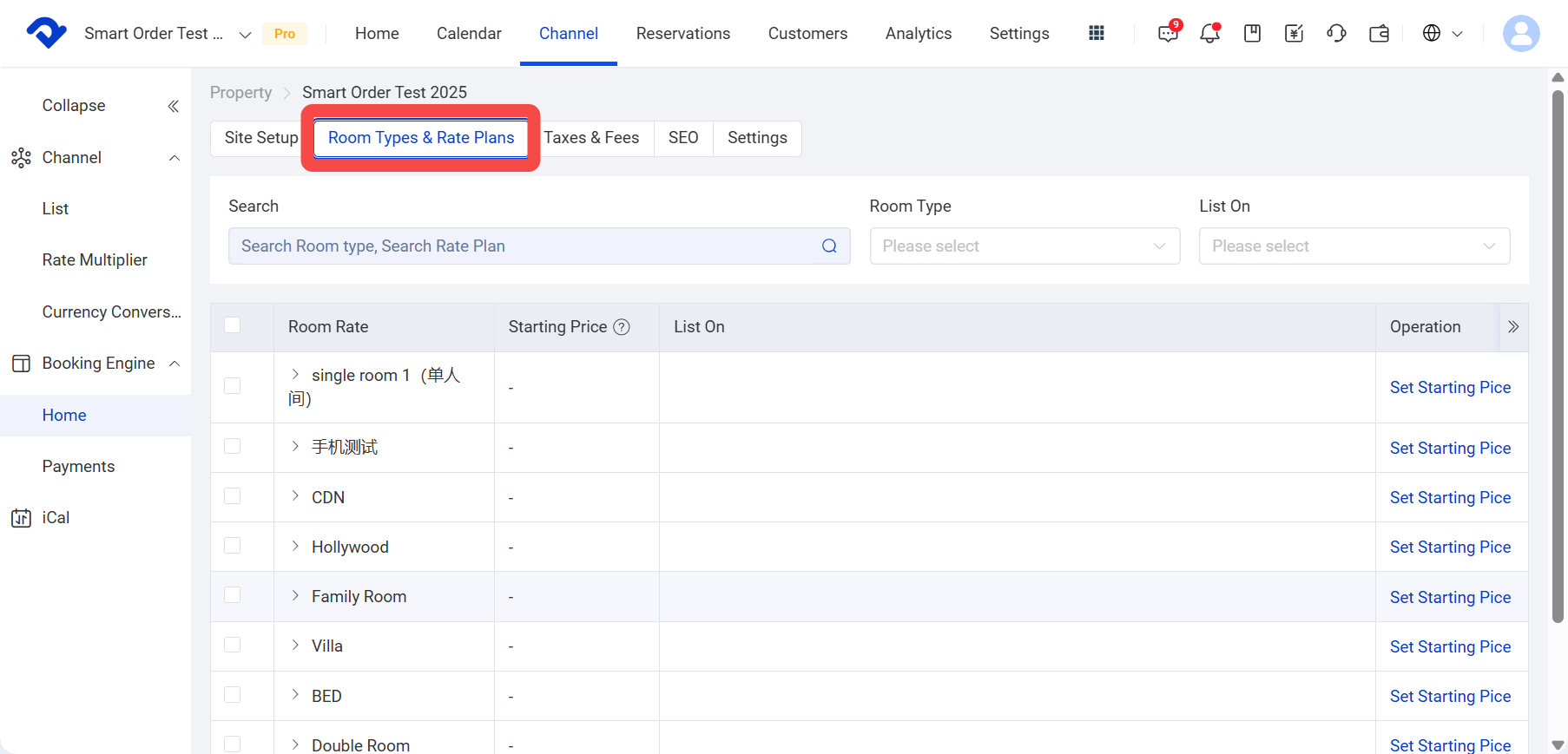 Click Room Types & Rate Plans